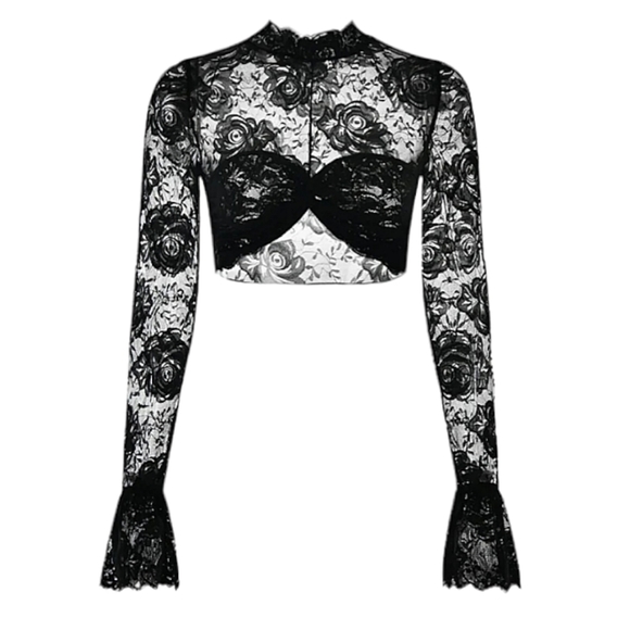 Commense Tops - NWT Commense Black Rose Lace Frill Mockneck Twist Front Long-Sleeve Crop Top
